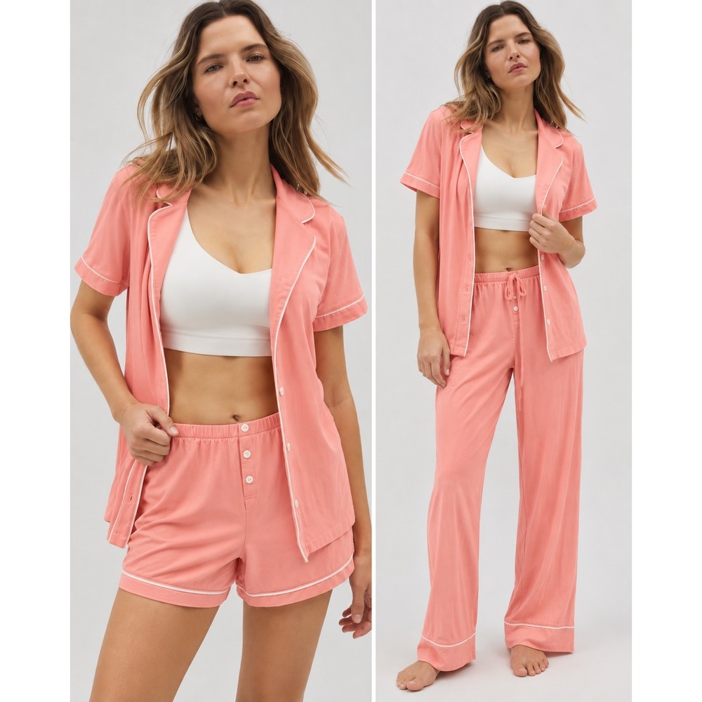 Soma Cool Nights Pajama 3 Piece Set Short Sleeve Shorts Pants Orange Womens Med